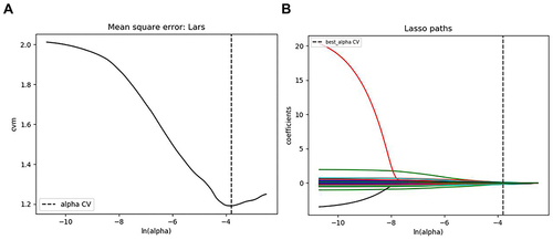 Figure 2 The LASSO regression model was used to select radiomics features. (A) LASSO coefficient profiles of the 26 radiomics features. A coefficient profile plot was generated versus the selected log (λ) value using ten-fold cross-validation, where optimal λ resulted in 8 features with nonzero coefficients. (B) The 26 radiomics features’ LASSO coefficient profiles. The log (λ) sequence was used to create a coefficient profile plot. Using 10-fold cross-validation, the dotted vertical line was drawn at the value chosen.