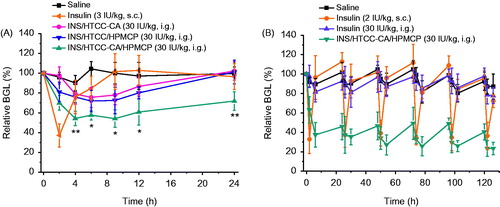 Figure 5. (A) Relative BGL changes of diabetic mice after single subcutaneous injection of free insulin solution at insulin dose of 3 IU/kg and gastric gavage with saline and the nanoparticles at insulin dose of 30 IU/kg (n = 5); *p < .05 and **p < .01 between INS/HTCC/HPMCP and INS/HTCC-CA/HPMCP groups. (B) Relative BGL changes of diabetic mice after subcutaneous injection of insulin at a dose of 2 IU/kg and oral administrations with saline, insulin, and INS/HTCC-CA/HPMCP at insulin dose of 30 IU/kg once daily for 5 d continually (n = 3 – 5).