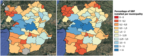 Figure 6. Comparison between known sown biodiverse pastures (left) and estimated sown biodiverse pastures (right), at municipality level. This comparison is performed at a percentage level, i.e. values in each municipality corresponds to area of SBP in that municipality divided by the total SBP area in Alentejo. Municipalities without known SBP installed are presented in grey (in left plot).