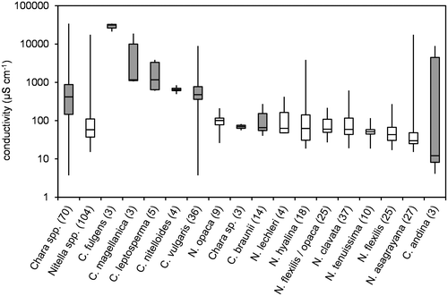 Figure 3. Box-Whisker plot of conductivity values (log scale) for all taxa with at least 3 values in the water chemistry dataset. Minimum, maximum and median values are given as well as 50% and 75% quartiles (boxes). Number of values are given in brackets; Chara spp. marked in grey.