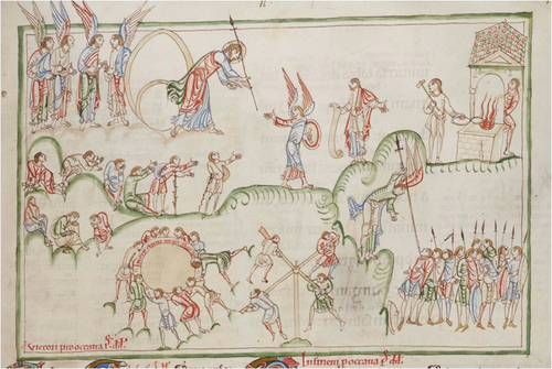 Figure 3. The Eadwine Psalter (Cambridge, Trinity College Library, MS R.17.1), Psalm 11, folio 20r, Creative Commons licence, https://mss-cat.trin.cam.ac.uk/manuscripts/uv/view.php?n=R.17.1&n=R.17.1#?c=0&m=0&s=0&cv=40&xywh=−986%2C-1%2C4831%2C4013).