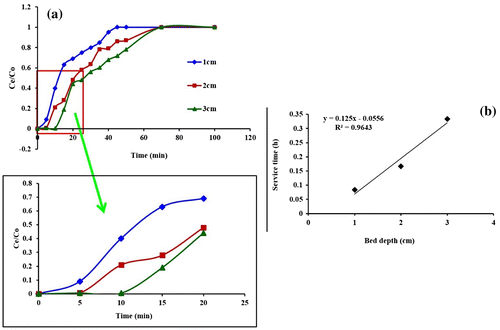 Figure 3. (a) Breakthrough curves for different bed height (flow rate: 1 mL min−1; initial Pb(II) ion concentration: 20 mg L−1) and (b) Bed depth service time plot for the adsorption of Pb(II) ions by fungal biomass in column.