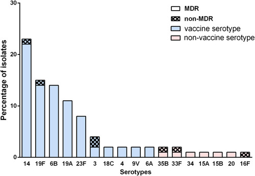 Figure 3 The multiple drug resistance rate of prevalent serotypes in Shenzhen. Vaccine serotypes refers to the serotypes covered by PCVs, which are colored by blue. The non-vaccine serotypes were not covered by PCVs and are colored by red. The proportion of MDR and non-MDR are distinguished by different filling patterns.