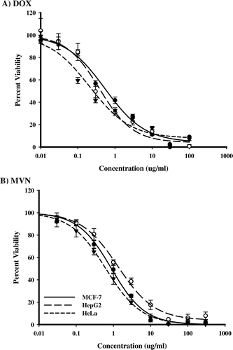 Figure 1.  The effect of MVN and DOX on different solid tumor cell lines. Dose-response curves of DOX (A) and MVN (B) in solid tumor cell line cultures of HeLa (•) HepG2 (○) and MCF-7 (▾) cells. Cells were exposed to serial dilutions of DOX or MVN for 72 h. Cell viability was determined using SRB-U assay and data are expressed as mean ± S.D. (n = 3).