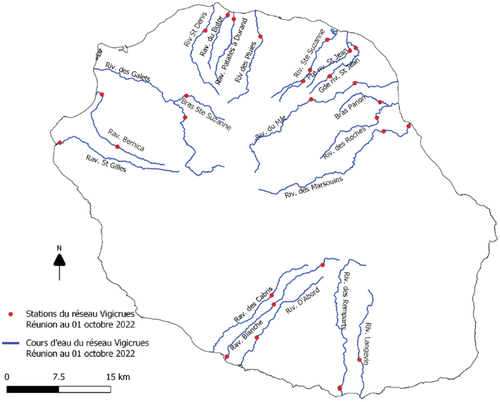 Figure 1. Réseau Vigicrues Réunion au 1er Octobre 2022 sur lequel des vigilances à réaction sont émises.