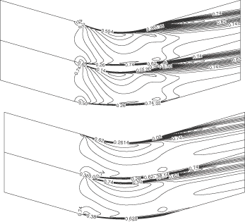 Figure 8. Initial (top) and target (bottom) Mach contours for parabolic cascade.