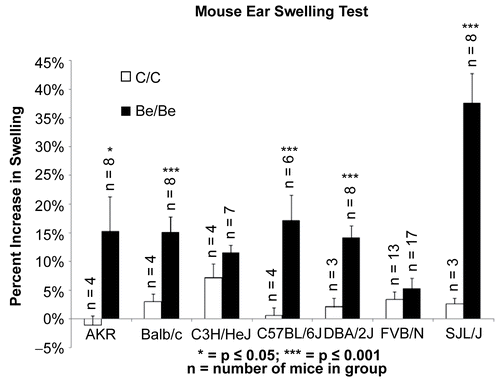 Figure 2.  Beryllium-induced ear swelling in inbred mouse strains. The greatest statistically significant difference from control was seen in the SJL/J, Balb/C, C57BL/6J, and DBA/2J. The strains that did not have a statistically significant increase in treatment over control were C3H/HeJ and FVB/N.