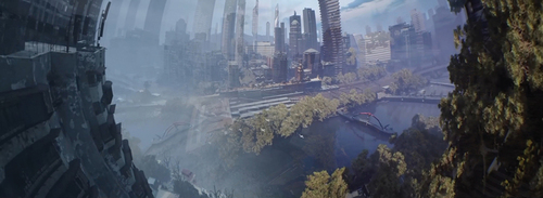 Figure 7. A still from the on-screen animation depicting merging visions of two futures for the Birrarung river and Melbourne. I-ME says, ‘If you knew you were living in the last days of the human story, what would you do? How would you act? To save the Child of Now, face the world we are making. Hold both of these visions in your heart. Take a deep breath’.