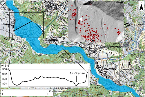 Figure 6. The flood extent between Lourtier and Champsec. The sketch shows the topographic cross-profile through the Champsec plain, from the Versegères alluvial fan (near La Montoz) up to the current river bed of the Dranse River to the ENE, with the convex section due to the sediment deposits. The shaded DEM shows nicely the dry valley (arrow). Reproduced by permission of swisstopo (BA19054).
