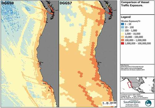 Figure 15. Comparison of vessel traffic exposure at different DGGS resolutions.