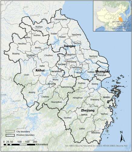 Figure 5. The administrative boundaries and location of the Yangtze River Delta (YRD).
