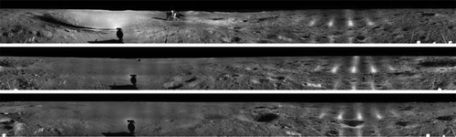 Figure 9. The 360° Pancam image mosaics generated from left-eye images taken by Yutu-2 rover at three locations.