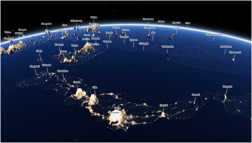 Figure 7. Metaphor as a visual storytelling trope. ‘Earth at Night, Mountains of Light’ published by Petrichor Geovis Studio (Wasilkowski, Citation2019) visualizes nighttime light emissions as a hyperrealistic, psuedo-3D surface, with brighter locations represented as taller mountain peaks in a metaphorical terrain. Such use of a metaphorical landscape is one way to make any visual story explicitly spatial, and arguably all thematic maps of abstract statistical information employ such a landscape metaphor to some degree. Other examples of a landscape metaphor include ‘The Two Americas of 2016’ published in The New York Times (Wallace, Citation2016) and ‘Human Terrain’ published by The Pudding (Daniels, Citation2018).