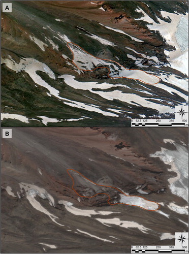 Figure 6. The snowfields of the mountain are classified as semi-permanent, due to their discontinuous presence during the summer season. For instance, we may consider the situation of this snowfield in (a) summer 2010 as from Google Earth™ satellite images, and its evolution at (b) the end of the 2014 ablation period (PLEIADES satellite imagery).