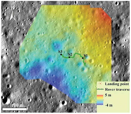 Figure 10. DEM of CE-4 landing site derived from Pancam images taken at three locations (black dots).
