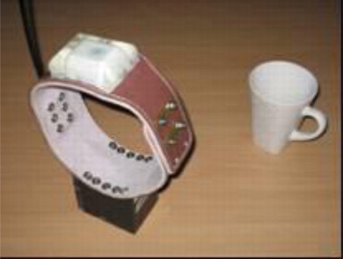 Figure 2. Example of a GPS collar receiver for tracking animal movements (AgTrax II unit from Alana Ecology). Unit consists of antenna and moulding with radio modem, flash memory for up to 65,000 locations and embedded battery pack.