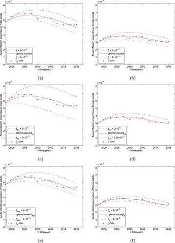 Figure 4. Simulations of the prevalence of hepatitis B in Chinese male and female adults in terms of different parameters: (a) (b) β (the non-sexual transmission rate); (c) βfm (the transmission rate from females to males); (d) βmf (the transmission rate from males to females); (e) βmm (the transmission rate from males to males); (f) βff (the transmission rate from females to females).