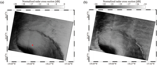Figure 2. Quick-look of the normalized radar cross-section (NRCS) from the Sentinel-1 (S-1) image acquired in interferometric-wide (IW) swath mode during Hurricane Lester at 16:30 UTC on 4 September 2016 (a) VV-polarized and (b) VH-polarized.