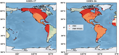 Figure 3. July 2020 FDC (all classes) and FRP-PIXEL (all confidence) active fire points within the GOES-17 (left) and GOES-16 (right) hemispheric disks. The smaller mapping extent of the FRP-PIXEL product compared to the FDC product is accentuated over North America. Fire pixel symbology is enlarged for clarity.