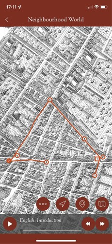 Figure 2. Screenshot of the current Hidden Florence app showing the ‘Neighbourhood’ itinerary on the historic map screen, 2019 [© University of Exeter (Fabrizio Nevola)]