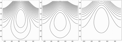 Figure 21. Streamlines with n=0.393,t1=13,t2300,φ=0.4,α2′′=0.2 and (i)α1′′=0.3 (ii)α1′′=0.4 (iii)α1′′=0.5.