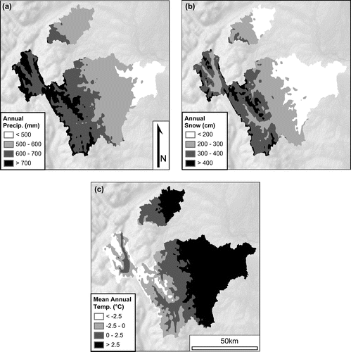 Figure 2. Mapped climatic parameters of study watersheds, modelled using geographically weighted regression (GWR). (a) Total annual precipitation (mm of water equivalent); (b) total annual snowfall (cm of fresh snow); (c) mean annual temperature (°C). Data source: Canadian Climate Normals 1981–2010, climate normal and averages (Environment and Climate Change Canada Citation2016).