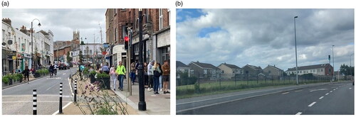 Figure 2. Examples of high walkable and low walkable neighborhoods. (a) High walkable neighborhood (photo credit: Sarah Rock, TU Dublin; see Rock et al., Citation2021); (b) Low walkable neighborhood (photo credit: Lorraine D’Arcy, TU Dublin).