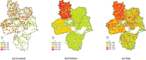 Figure 5. Spatial distribution of NH3 emissions from agricultural sources in Hefei city in 2017.