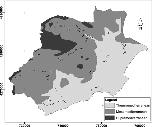 Figure 3. Environmental gradient: thermo-Mediterranean which coincides with coast, meso-Mediterranean which coincides with intermediate zone, and supra-Mediterranean. The transects were located on the map. Different land cover identified were: N (natural), A (abandonment), S (dry crops) and R (irrigated crops).