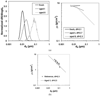 FIG. 6 (a) Set of measured silver particle distributions and resulted fractal dimensions. (b) Density values for Aged II particles gained from reference method are compared to results found by fitting method in figure.