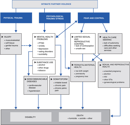 Fig. 1 Pathways and health effects on intimate partner violence.Source: World Health Organization, London School of Hygiene and Tropical Medicine (LSHTM), and the South African Medical Research Council (Citation2013).