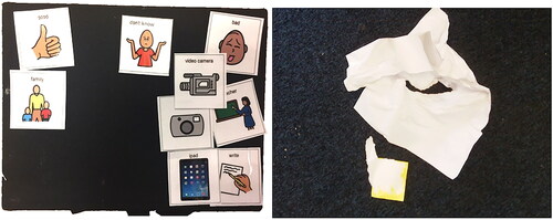 Figure 4. Clara’s consent board using Talking Mats approach (Murphy 1998) and collage materials.