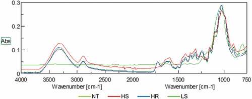 Figure 7. FT-IR of abaca fiber submitted to NT, HS, H,R and LS.