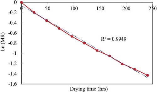 Figure 7. Experimental logarithmic moisture ratio (MR) in function drying time at drying temperature for ber fruit