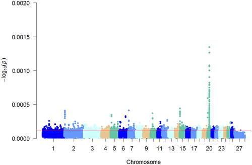 Figure 4. Manhattan plot of Pi analysis results. This figure shows the pi analyzed values for a multiple teats population of Hu sheep. Different colors in the figure represent different chromosomes and the thin red line represents the top 5% threshold line.