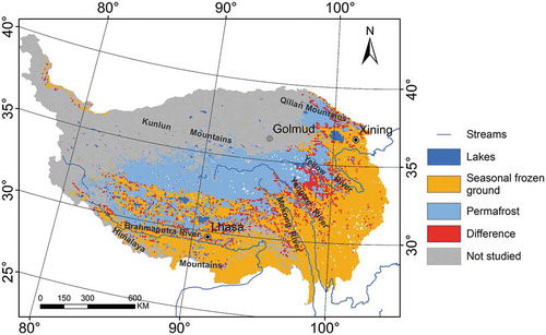 Figure 3. The difference map between the simulated frozen ground area and the map of permafrost in the Tibetan Plateau, 1:3,000,000 (Li and Cheng Citation1996). Provided by http://westdc.westgis.ac.cn.