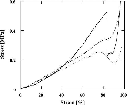 Fig. 2. Representative examples of stress–strain curves for spaghetti rehydrated at 60 °C (∙ ∙ ∙), 80 °C (‒ ‒), and 100 °C (―) in distilled water.