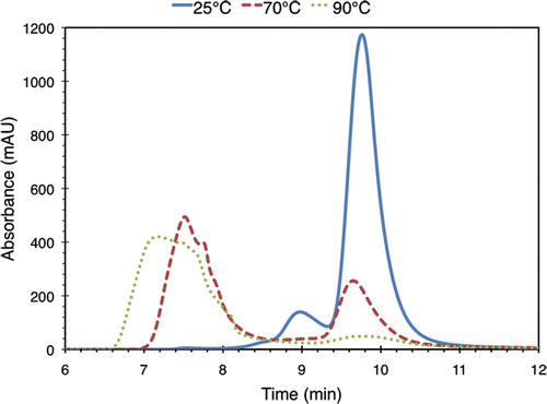 Figure 3. Minutes 6-12 of three SEC chromatograms for 3.5% (w/v) BSA solutions heated to 25°C, 70°C, and 90°C for 30 minutes. Absorbance was monitored at 280 nm. For this run of the experiment, the chromatograms at 40°C, 50°C, and 60°C (not shown) were found to be similar to the 25°C one. Absorbance at all other times was found to lie below the noise floor.