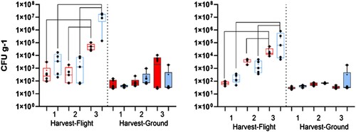 Figure 5. Box and whisker plots of VEG 04B (A) bacterial and (B) fungal counts on mizuna leaves from flight and ground experiments. Plants from three harvests were analyzed in both flight and ground controls. Red boxes indicate the red-rich light treatment; blue boxes are the blue-rich treatment. Whiskers represent the min and max values, symbols are individual sample values, + represents the mean, and the horizontal line is the median. Brackets indicate differences (P < 0.0001; except fungal counts from harvest 1 vs 2 in the blue-rich treatment, P = 0.0037) between the harvest means only, in each light treatment.