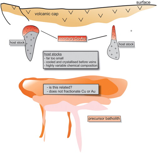 Figure 2. Idealised cross-section showing stocks hosting Cu–Au porphyry mineralisation and a large precursor batholith inferred to lie at greater depth. There will be an even deeper zone of partial melting that represents the magma source. This study is primarily about the role of the stock, and whether postulated precursor batholiths could be the prime sources of the required large volumes of mineralising fluids and metals.