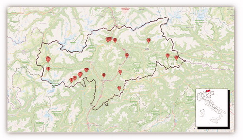 Figure 1. Distribution of the 23 farms involved in the study in the province of Bolzano.