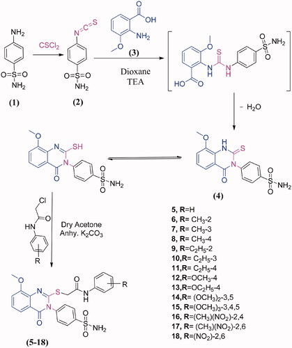 Scheme 1. Synthesis of the sulphonamide bearing methoxyquinazolinone 4-18.