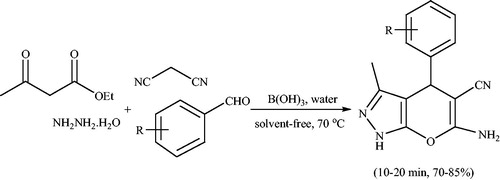 Scheme 21. The use of aqueous solution of boric acid for the synthesis of pyrano[2,3-c]pyrazoles.