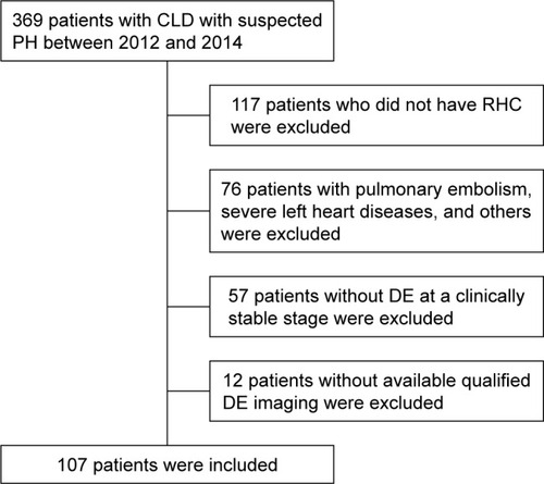 Figure 1 Flow diagram for the main derivation cohort. Of the 369 patients with CLD and suspected PH who were referred to the Cardio-Pulmonary Circulation Center of Shanghai Pulmonary Hospital within the study period, 107 met the inclusion criteria and were considered in the analysis.