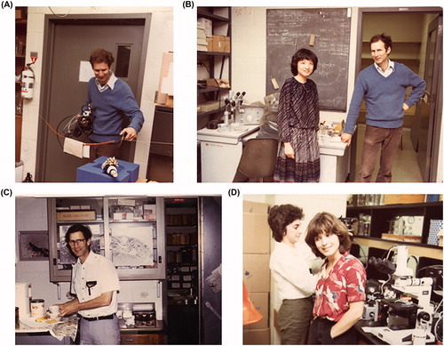 Figure 1. (A) Harold Atwood entering his new lab in the Department of Physiology at the University of Toronto. (B) Irene Kwan and Harold Atwood. (C) Harold Atwood. (D) Carol Breen and Shelly Albert.