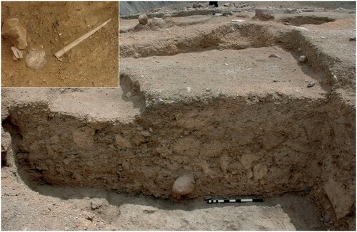 Figure 8 Structure O33 showing backfill over the floor on which artefact SF531 was found, as inset (photos: S. Mithen and B. Finlayson).