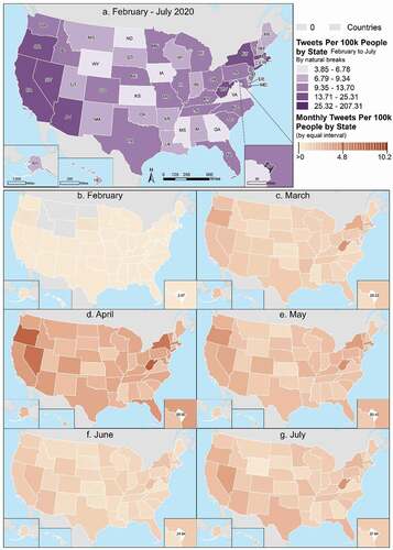 Figure 4. Geotagged tweets per 100,000 population by state (in Total and by Month).