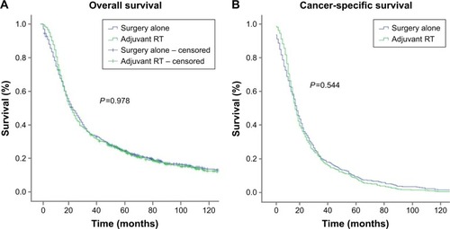 Figure 3 Kaplan–Meier analysis of (A) overall and (B) cancer-specific survival of the adjuvant RT (n=651) and surgery alone (n=651) groups after propensity score matching.