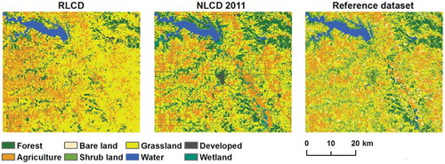 Figure 4. The RLCD for 2011, NLCD 2011, and Iowa DNR reference dataset for the Appanoose County, Iowa.