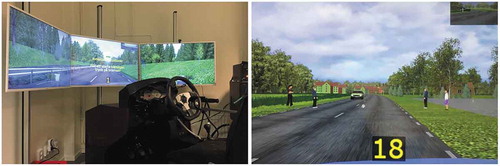 Figure 1. The simulator (left) and an example of a scenario with children playing and a ball rolling across the road (right)